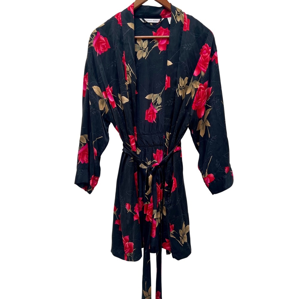 VTG Victorias Secret 100% Silk Robe Black Red Rose Floral Jacquard XS/S Feminine